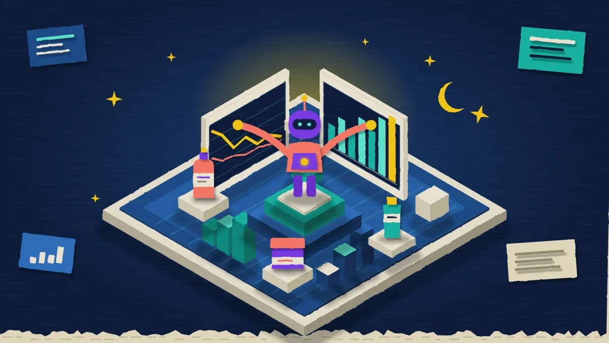 Purla, l'agent IA de Purples.ai, au centre d'un tableau de bord isométrique en papier découpé, avec graphiques et produits de beauté stylisés.